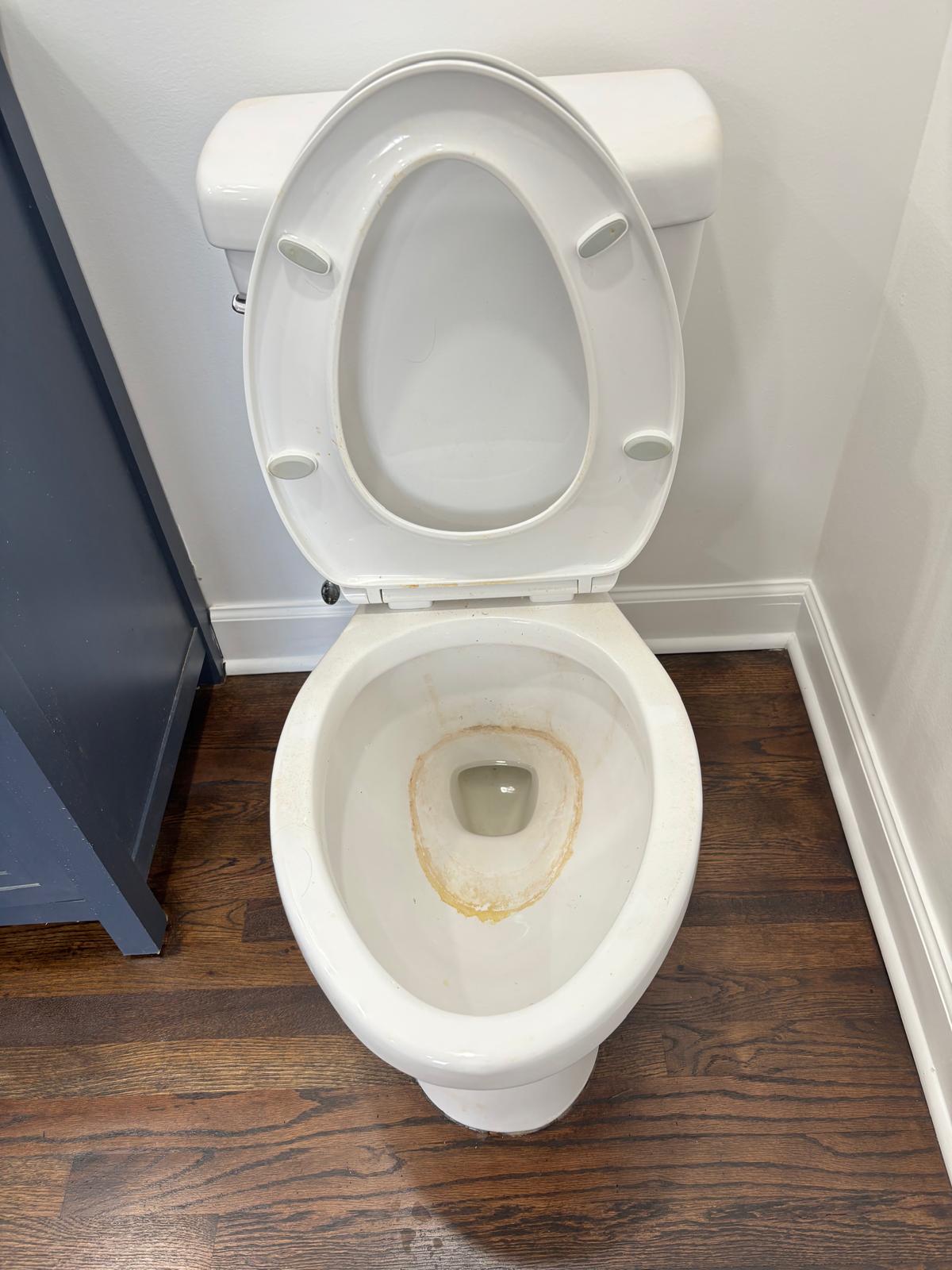 Toilet with a visible ring and residue before cleaning